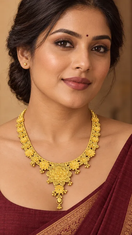 The same necklace worn, cropped tall for a phone screen.
